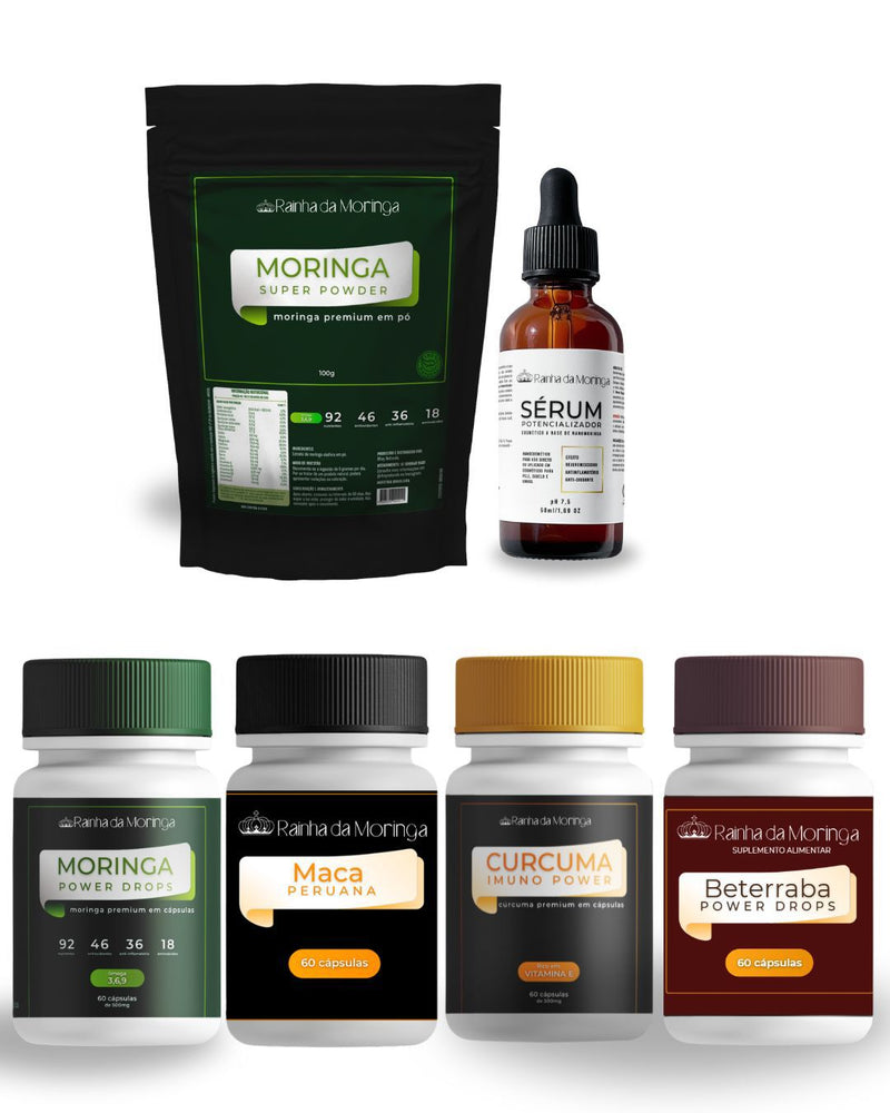 Combo com 1 pote de moringa, 1 maca peruana preta, 1 cúrcuma, 1 beterraba, 1 sérum, 1 moringa em pó