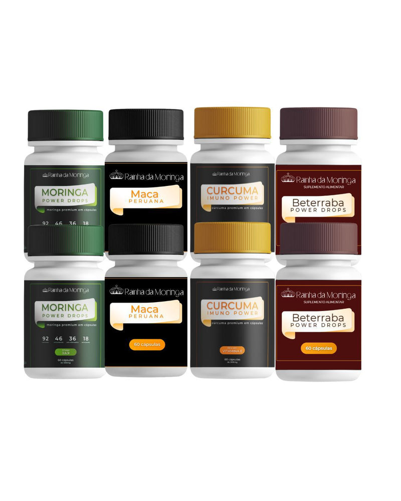 Combo com 2 pote de moringa, 2 maca peruana preta, 2 cúrcuma, 2 beterraba