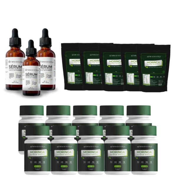 Kit 10 pote de moringa com 60 cápsulas + 5 pacote moringa em pó com 100 G + 3 Séruns